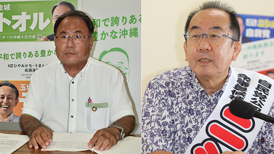 ㊧インタビューに答える金城氏＝20日、豊見城市の事務所㊨インタビューに答える西銘氏＝22日、南風原町の事務所